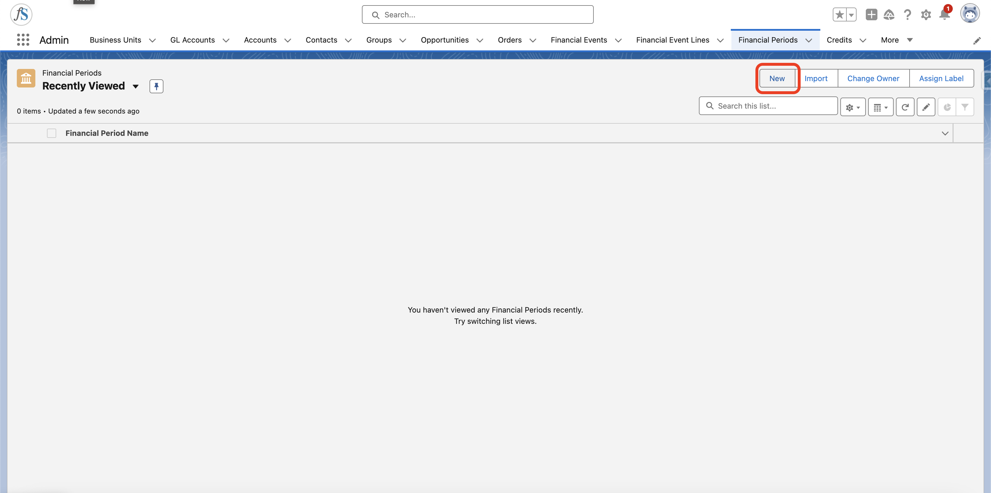 New button on the Financial Periods list view