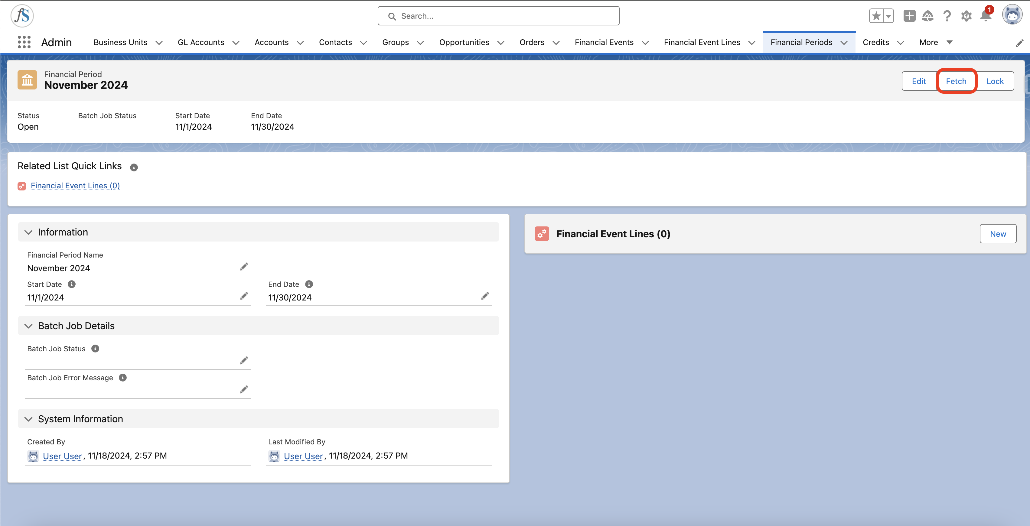 Fetch button at the top right of a Financial Period record