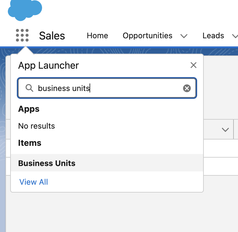 App Launcher search showing the Business Units result