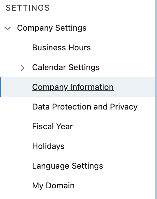 Company Settings menu with Company Information selected