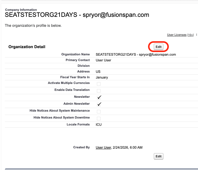 Company Information detail page with the Edit button