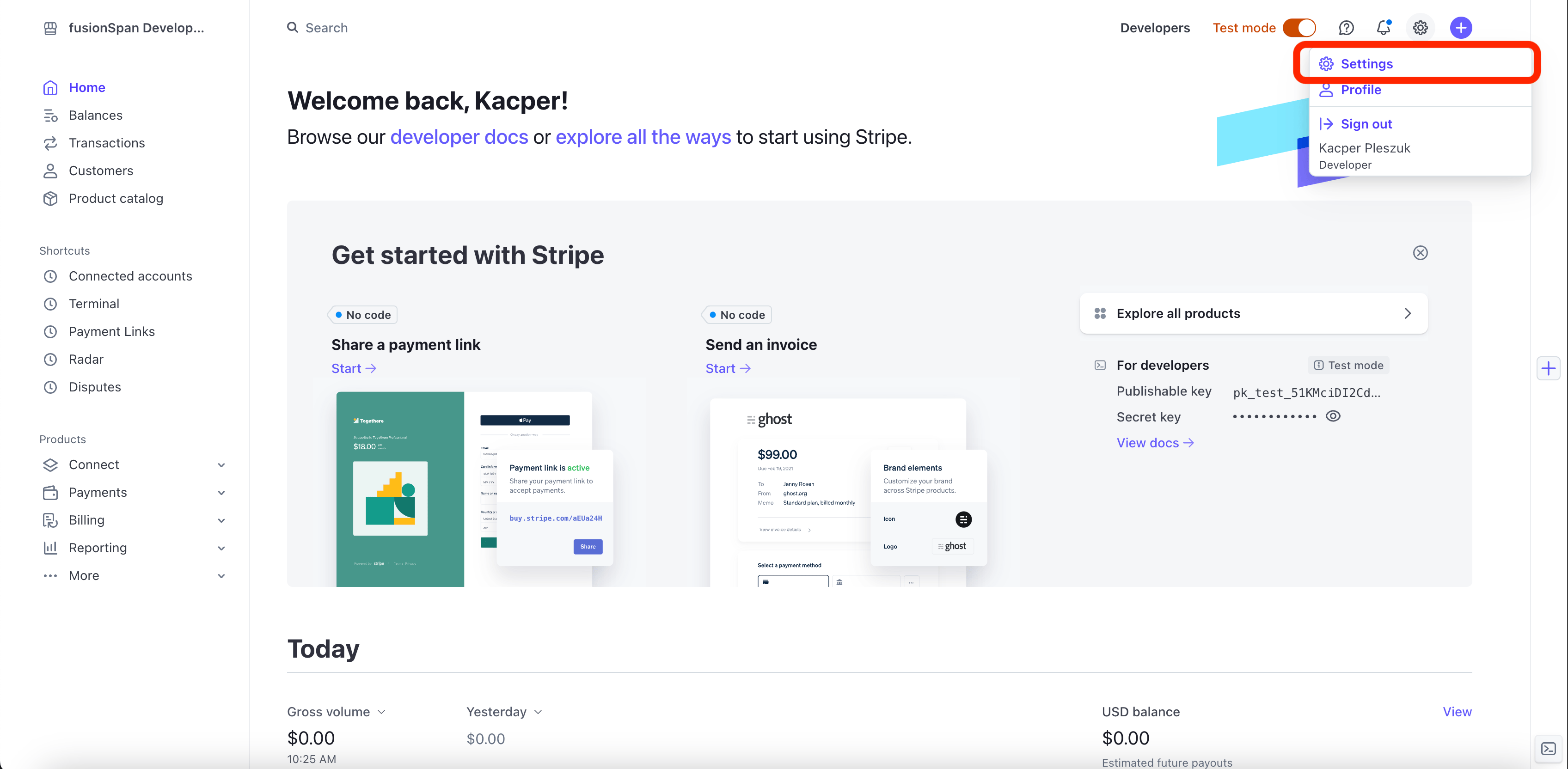 The Stripe home screen with Settings highlighted at the top right