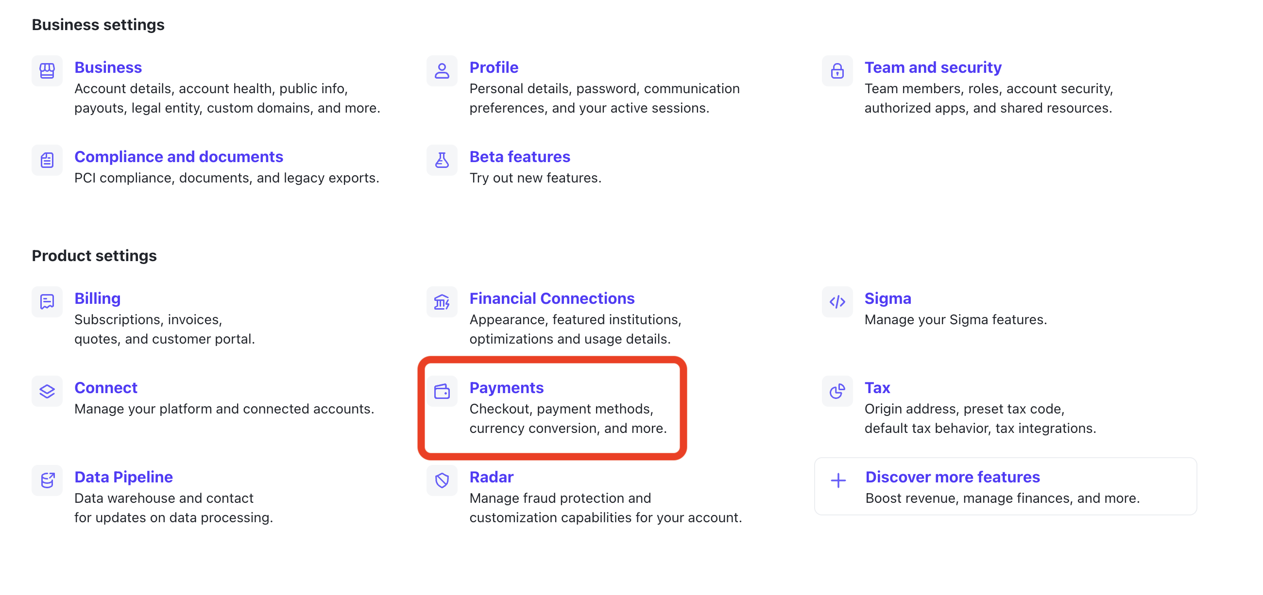 The Stripe Settings page with the Payments option selected
