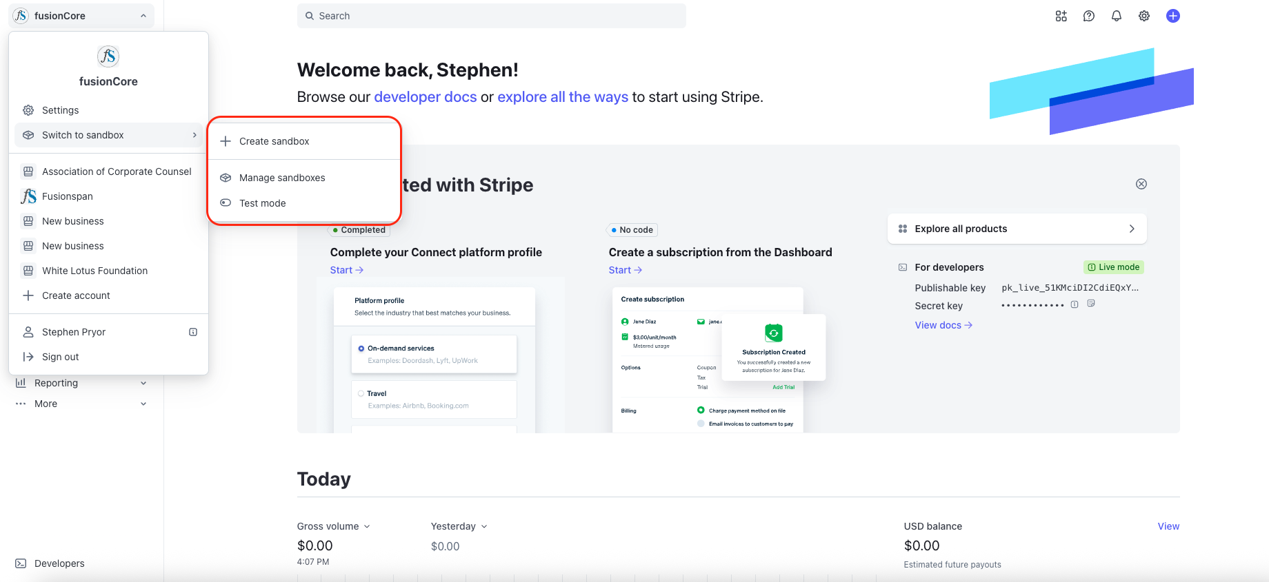 The Stripe account menu showing Switch to sandbox and Test mode options