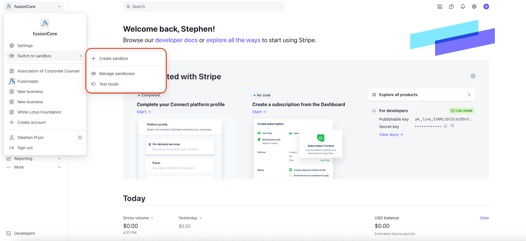 The Stripe account menu showing Switch to sandbox and Test mode options