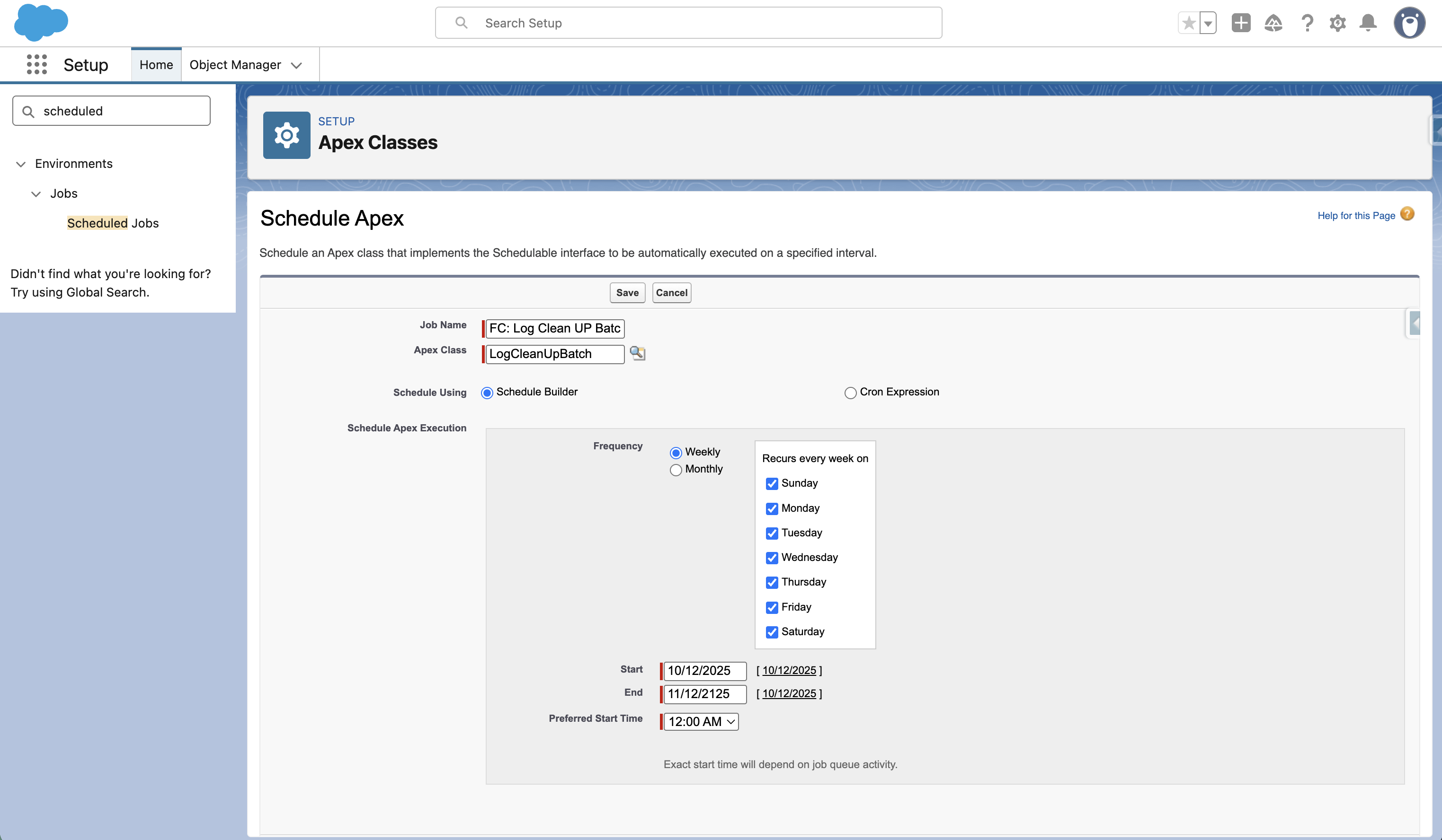 The Schedule Apex form with a job name, Apex class, frequency, and start time set