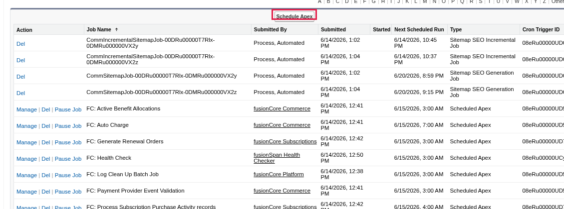 The All Scheduled Jobs page in Setup with the Schedule Apex button highlighted above the list of fusionCore jobs