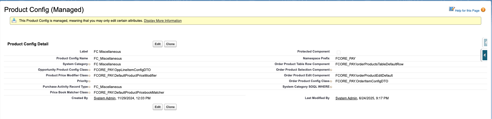 The standard fusionCore Product System Categories: Subscription, Miscellaneous, and Tax