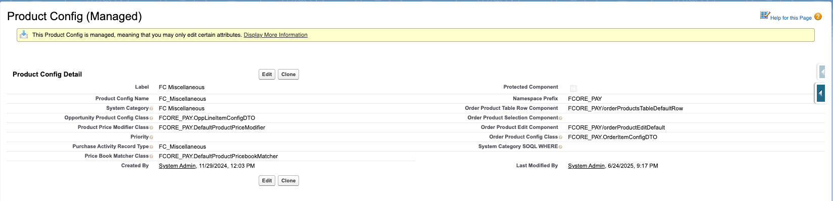 The standard fusionCore Product System Categories: Subscription, Miscellaneous, and Tax