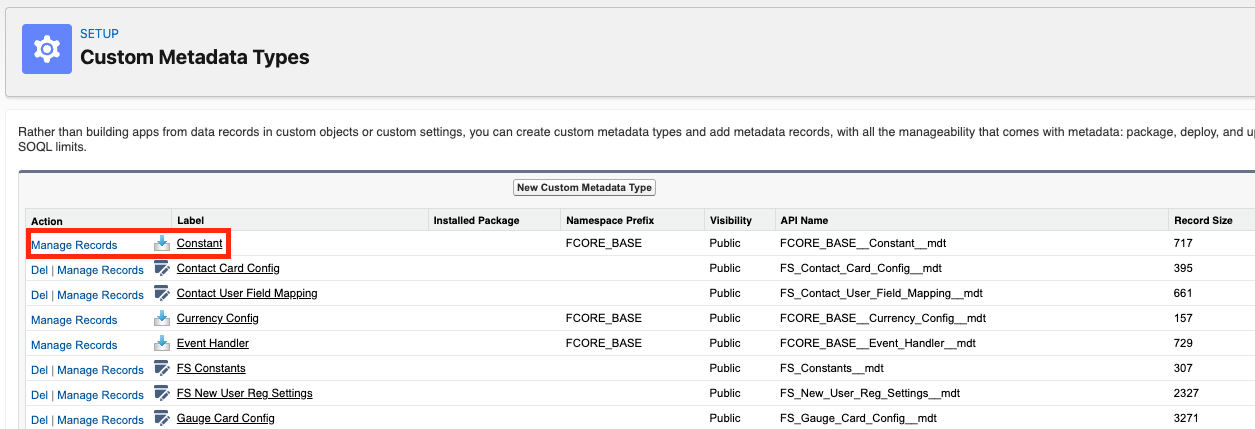 Manage Records link next to the Constant Custom Metadata Type