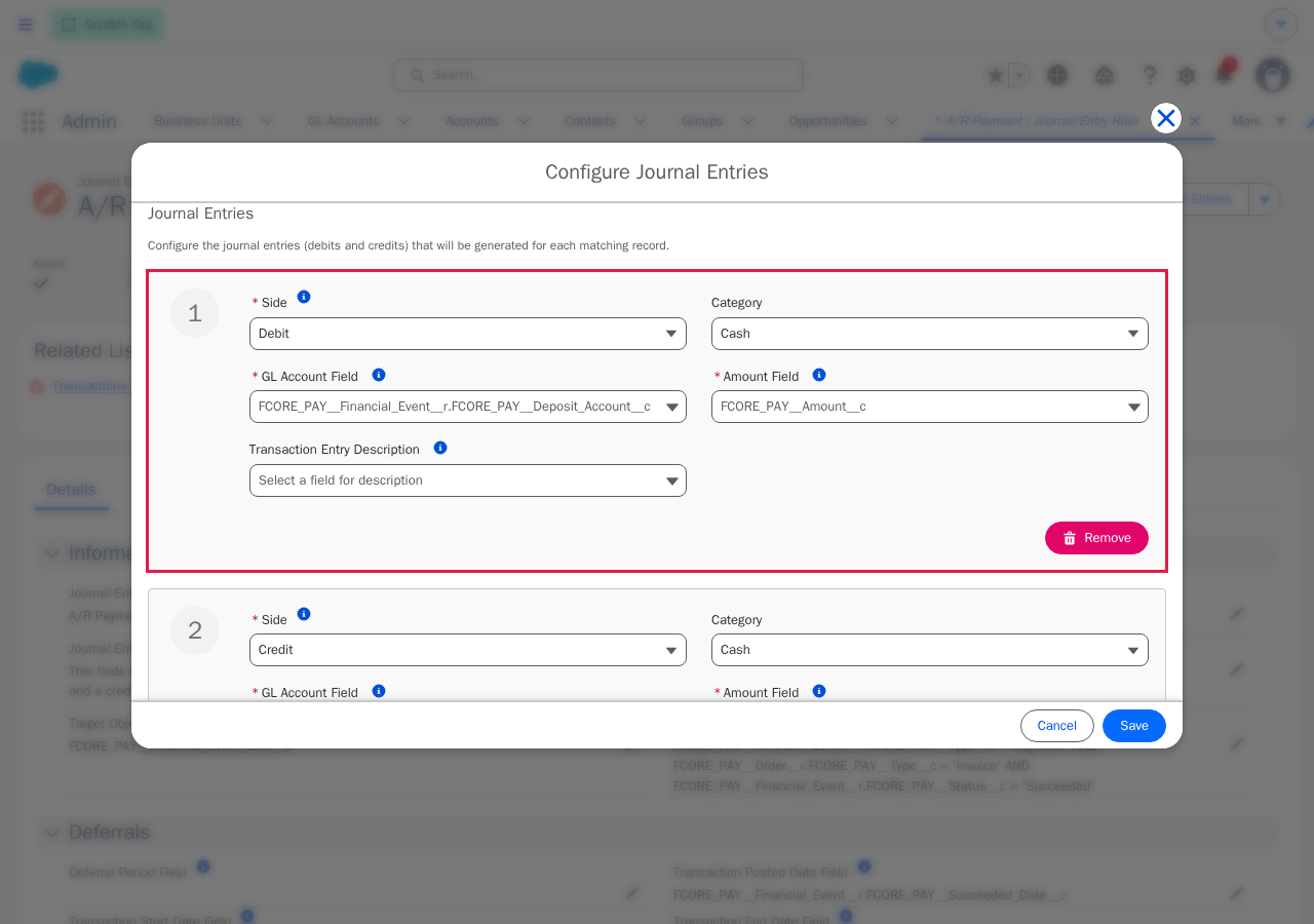 Configure Journal Entries modal with a red box around the first journal entry line, showing a Debit to Cash with GL Account Field and Amount Field set