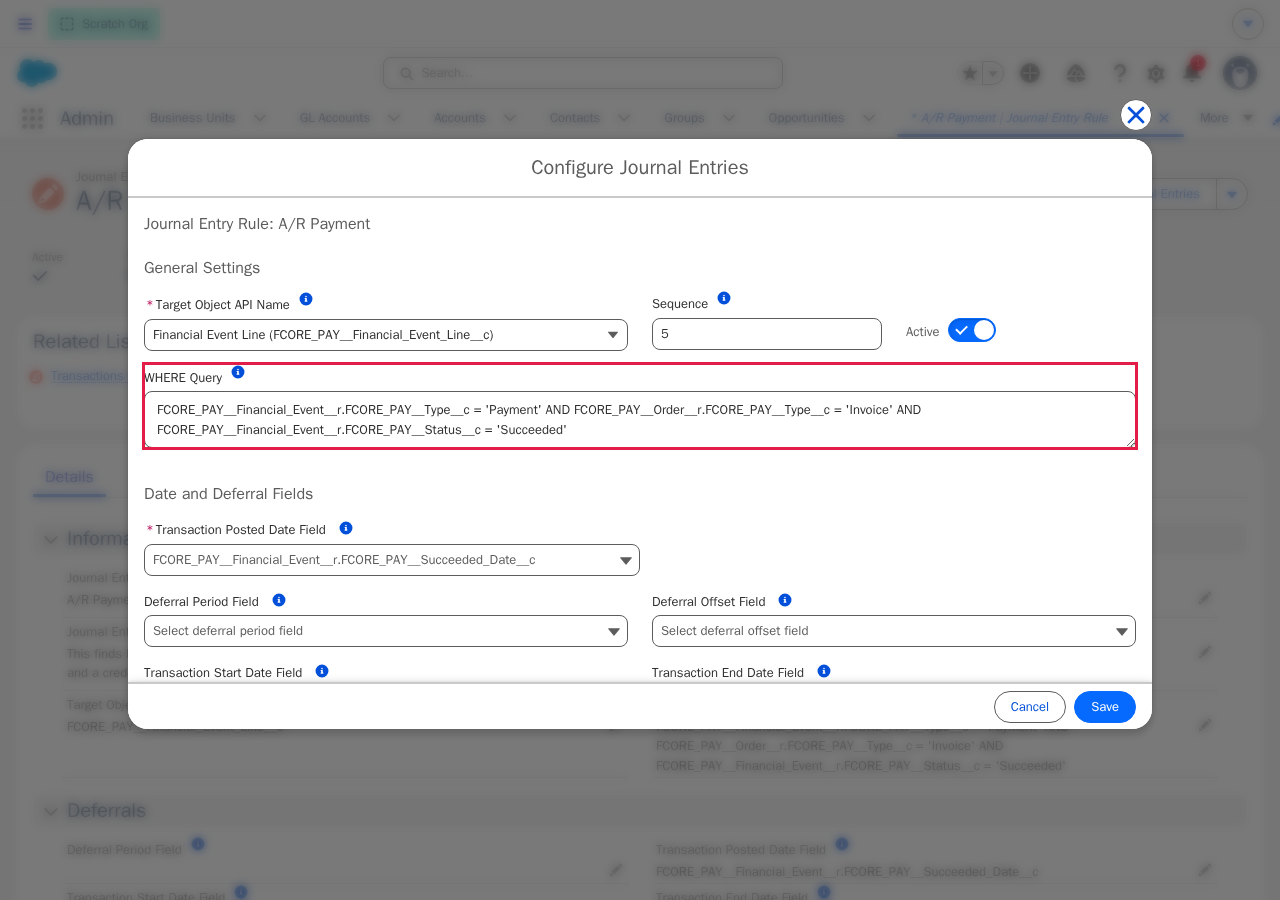 Configure Journal Entries modal with a red box around the WHERE Query field, showing the filter for the A/R Payment rule