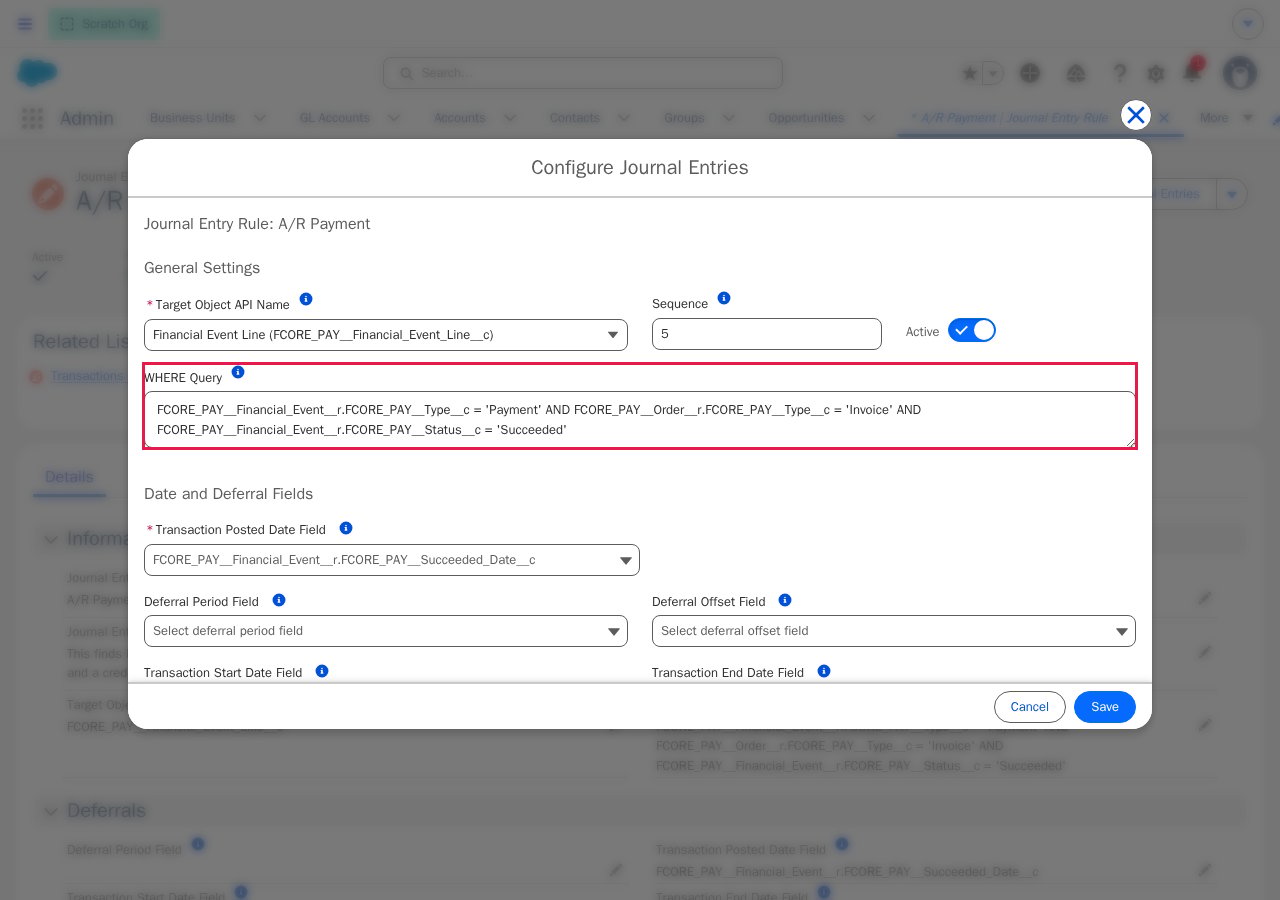 Configure Journal Entries modal with a red box around the WHERE Query field, showing the filter for the A/R Payment rule