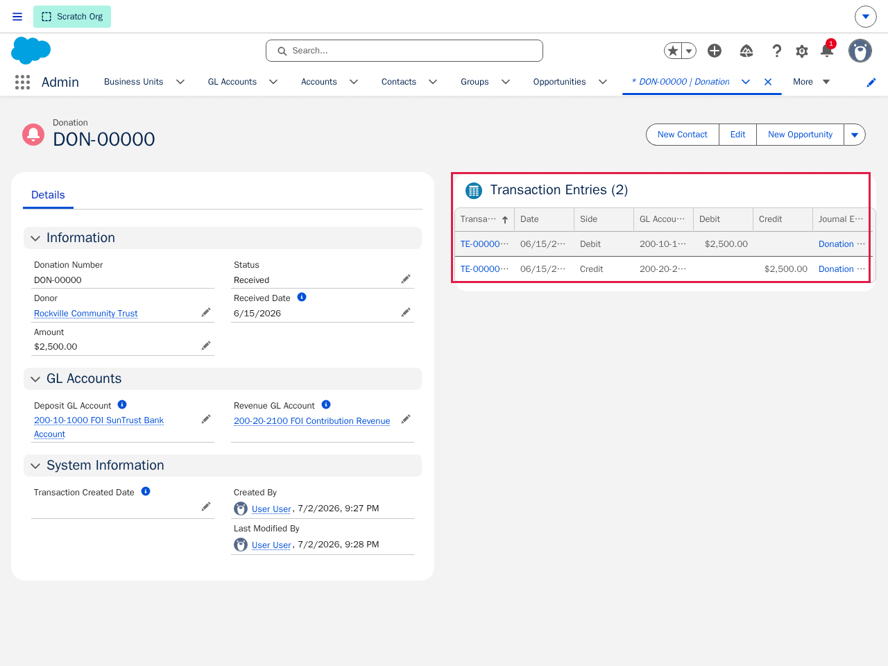 The Donation record's Transaction Entries panel highlighted by a red box, showing a Debit of $2,500 and a Credit of $2,500 both dated 6/15/2026 and linked to the Donation Received rule
