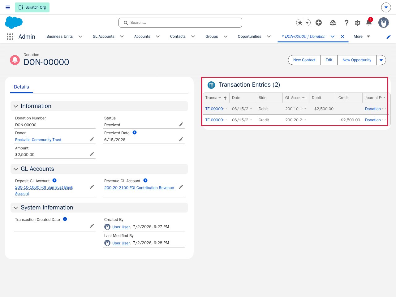 The Donation record's Transaction Entries panel highlighted by a red box, showing a Debit of $2,500 and a Credit of $2,500 both dated 6/15/2026 and linked to the Donation Received rule