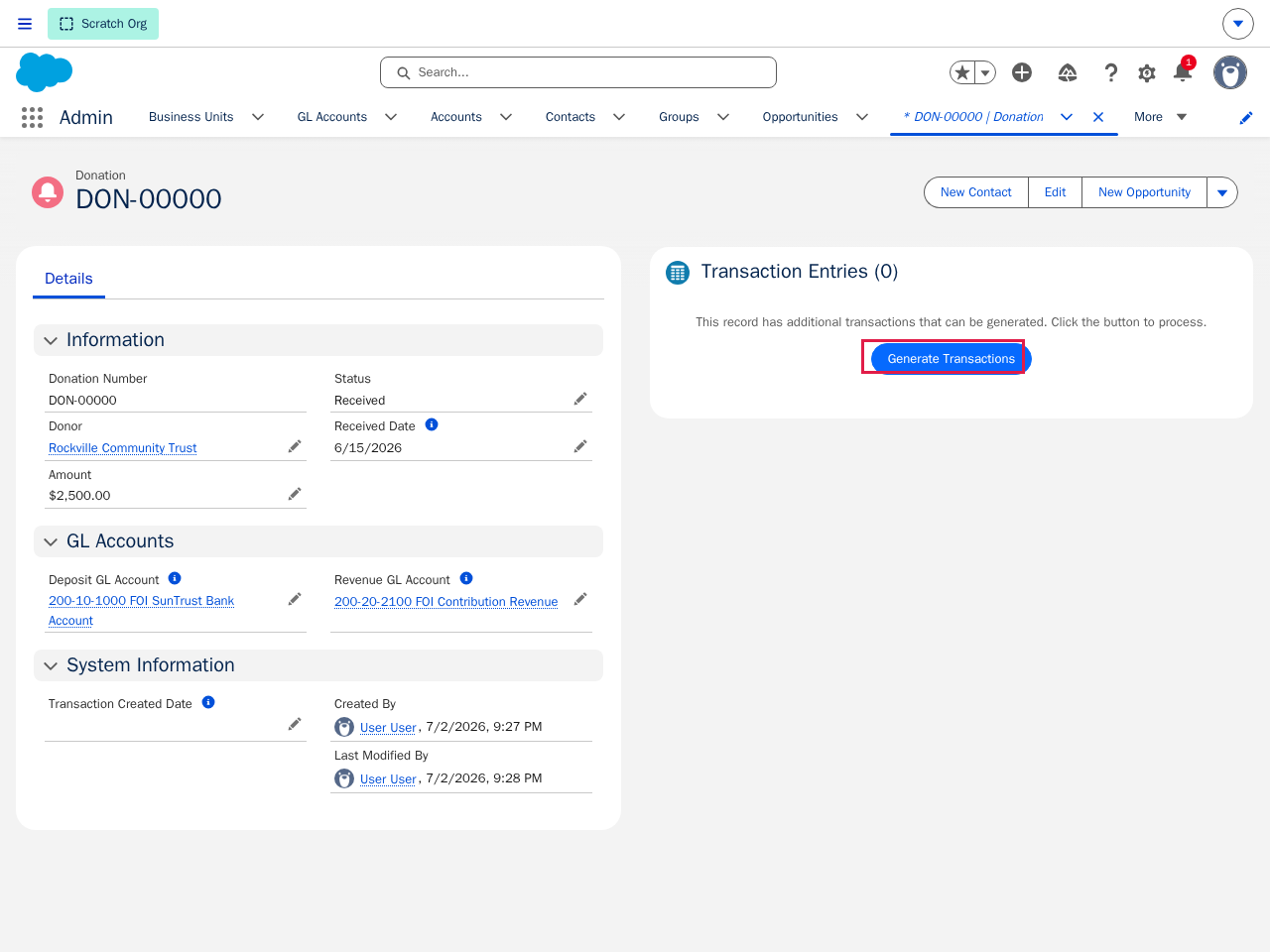 A Donation record for Rockville Community Trust with Amount $2,500, Status Received, both GL Account lookups set, and the Generate Transactions button highlighted by a red box in the Transaction Entries panel