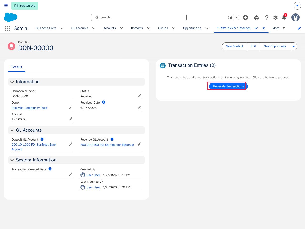 A Donation record for Rockville Community Trust with Amount $2,500, Status Received, both GL Account lookups set, and the Generate Transactions button highlighted by a red box in the Transaction Entries panel