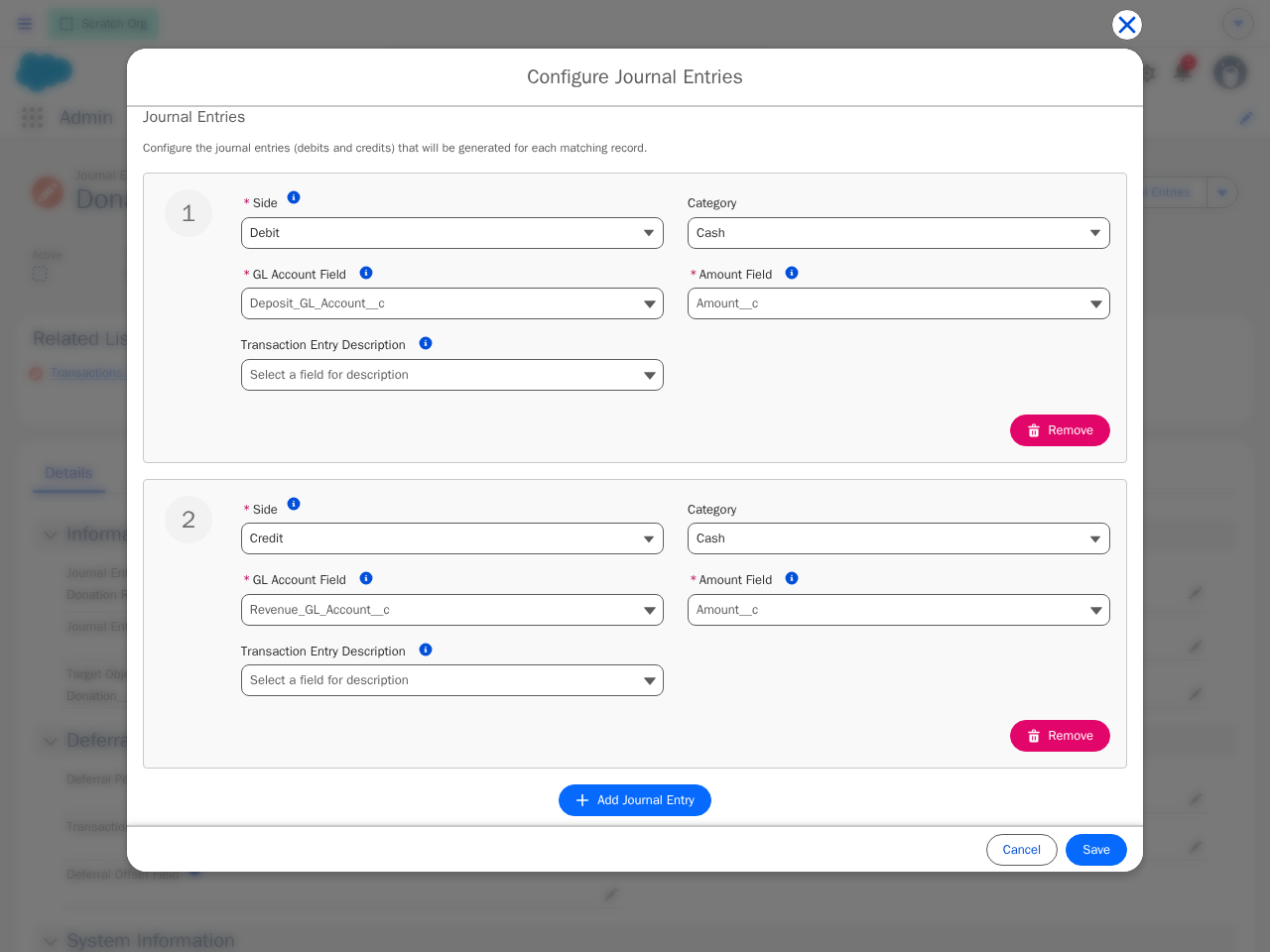 The Configure Journal Entries modal showing line 1 as a Debit with GL Account Field Deposit_GL_Account__c and line 2 as a Credit with GL Account Field Revenue_GL_Account__c, both with Amount Field Amount__c