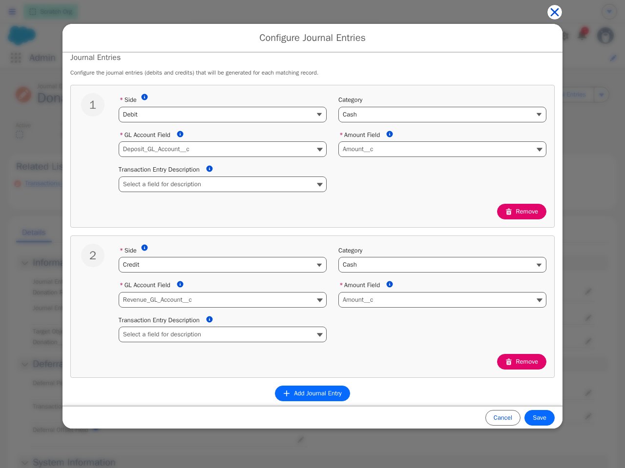 The Configure Journal Entries modal showing line 1 as a Debit with GL Account Field Deposit_GL_Account__c and line 2 as a Credit with GL Account Field Revenue_GL_Account__c, both with Amount Field Amount__c