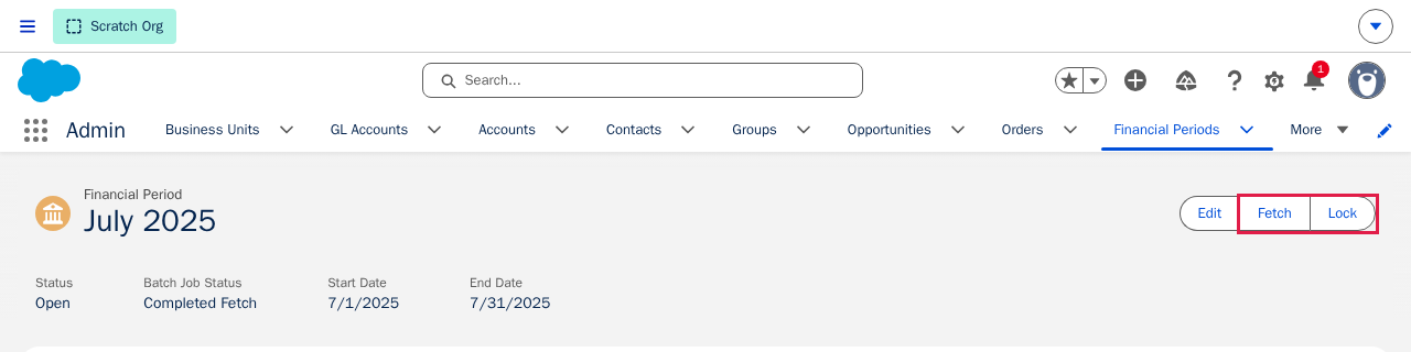 A Financial Period record page with the Fetch and Lock buttons in the action bar highlighted by a red box