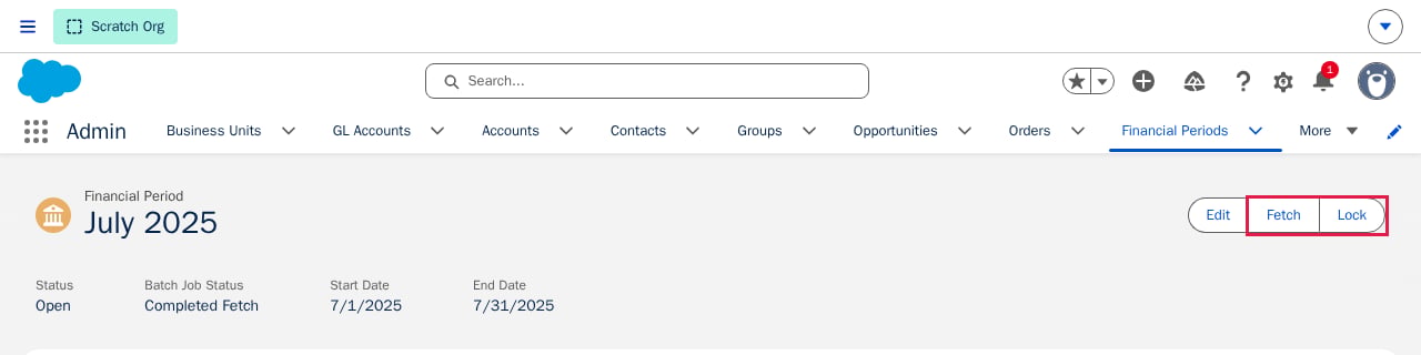 A Financial Period record page with the Fetch and Lock buttons in the action bar highlighted by a red box
