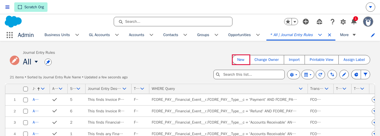 The Journal Entry Rules list view with the New button highlighted by a red box