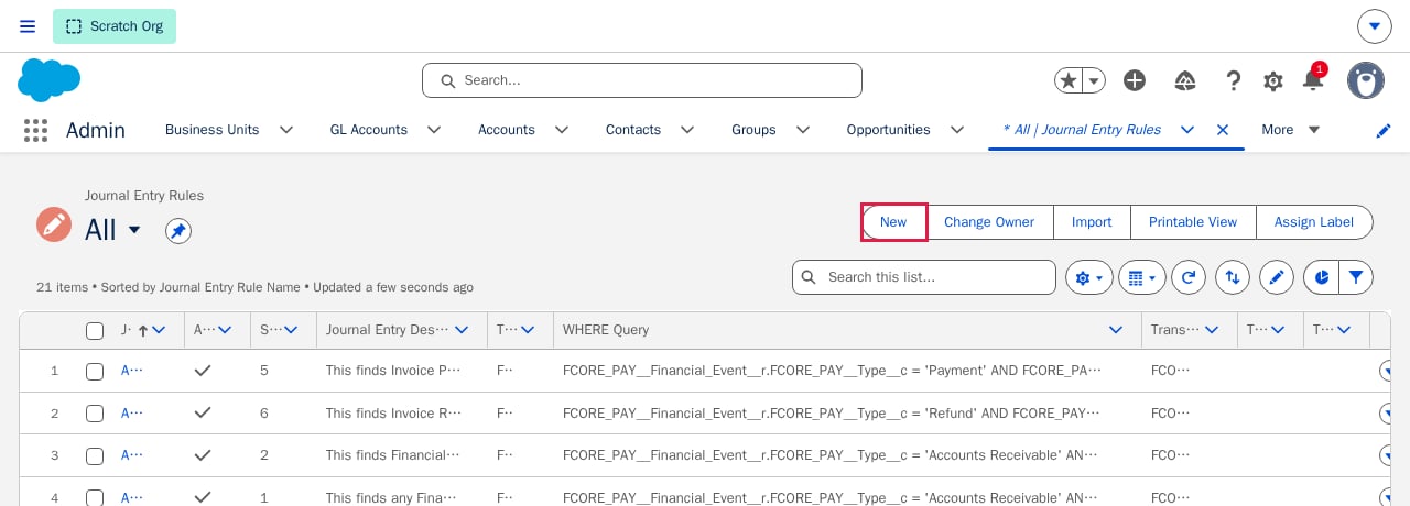 The Journal Entry Rules list view with the New button highlighted by a red box