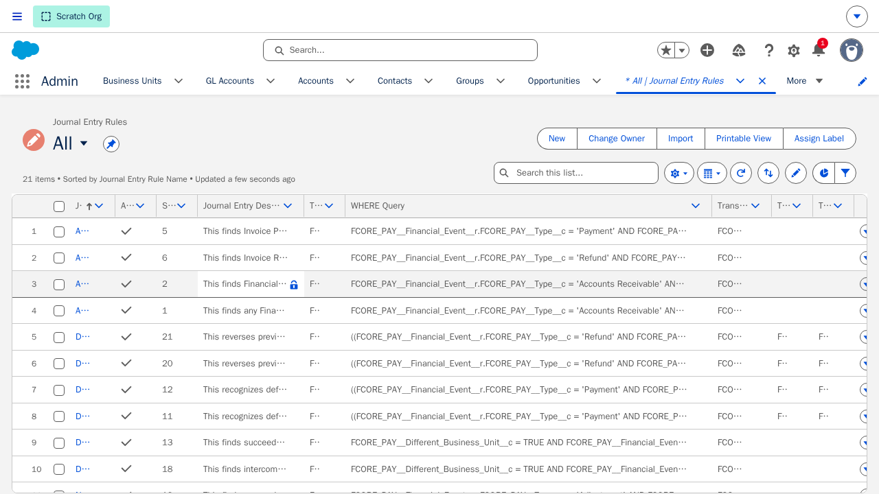 List view of 21 Journal Entry Rule records, each with a Sequence, description, and WHERE Query