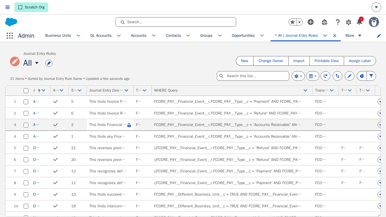 List view of 21 Journal Entry Rule records, each with a Sequence, description, and WHERE Query
