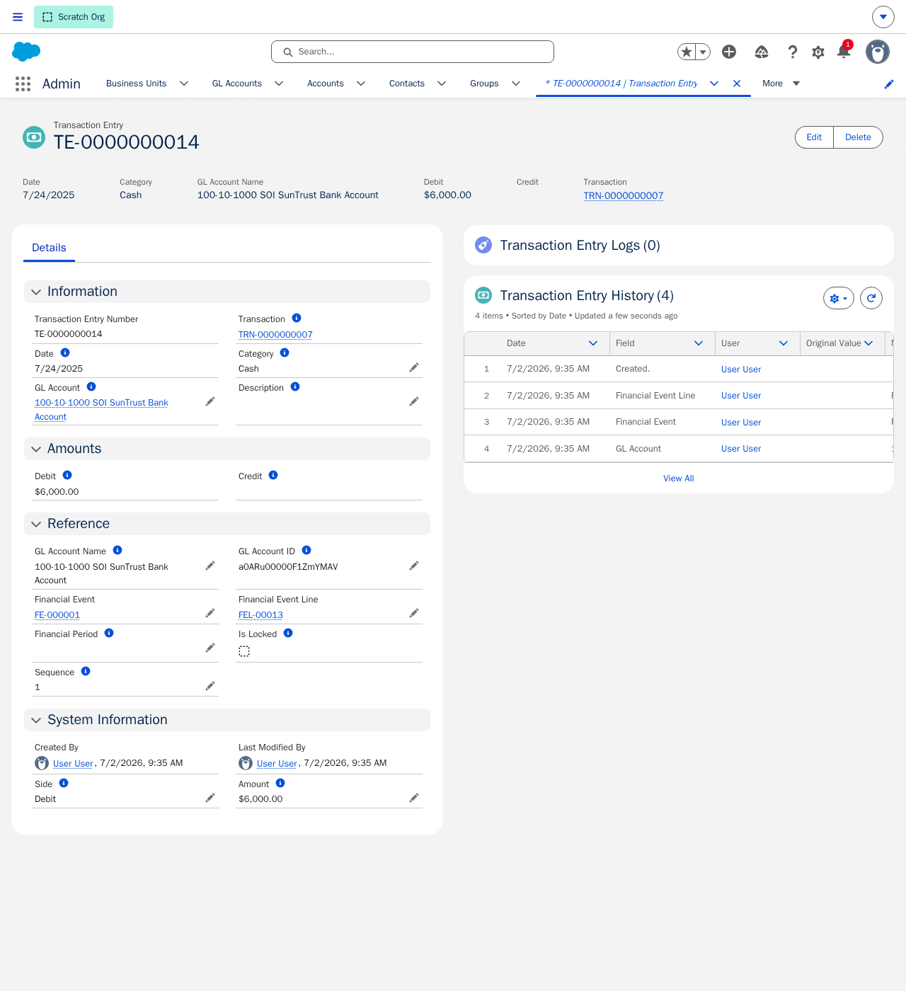 A Transaction Entry record's Reference section showing links to the originating Financial Event and Financial Event Line, and a blank Financial Period