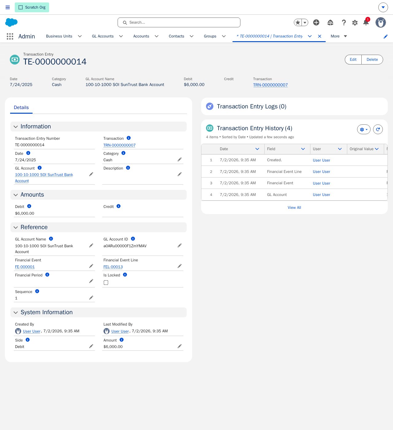 A Transaction Entry record's Reference section showing links to the originating Financial Event and Financial Event Line, and a blank Financial Period