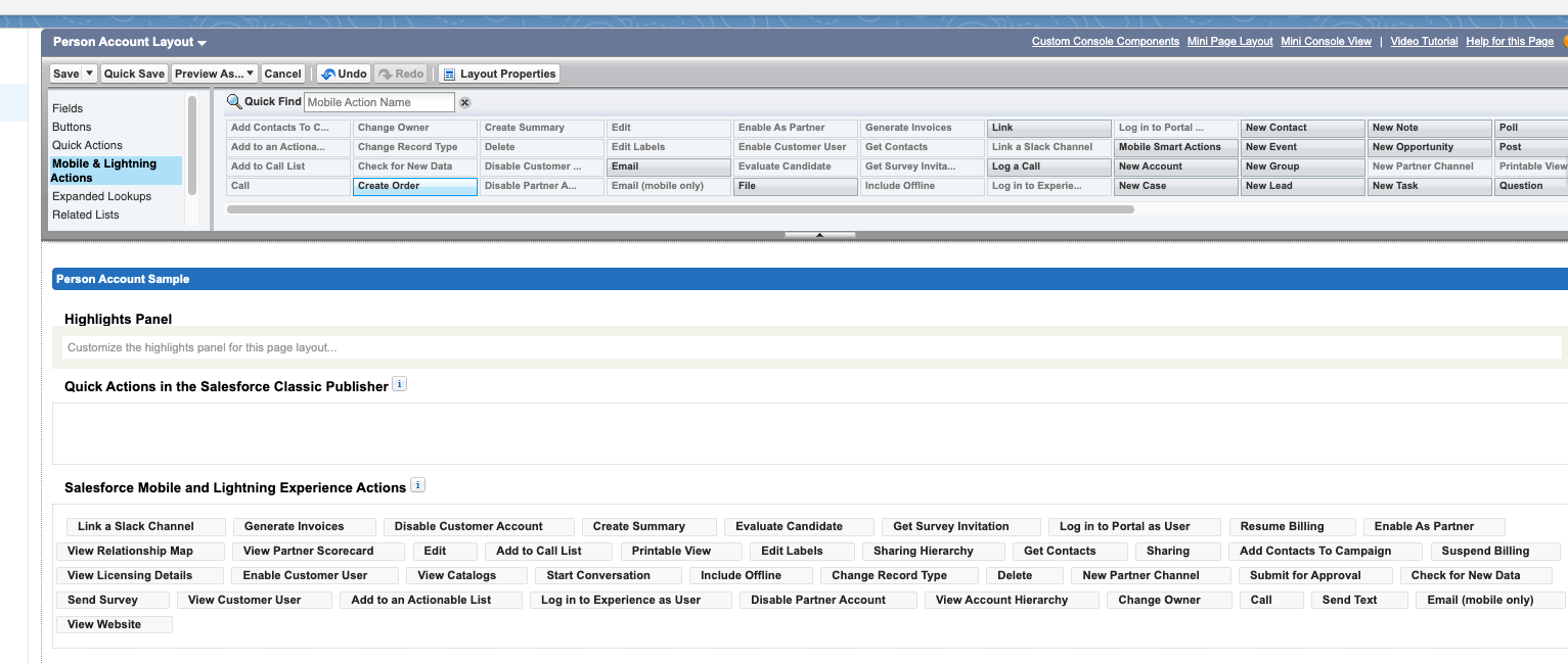 Person Account layout editor showing Total Available Individual Credit, Email, and Title fields added to the layout.