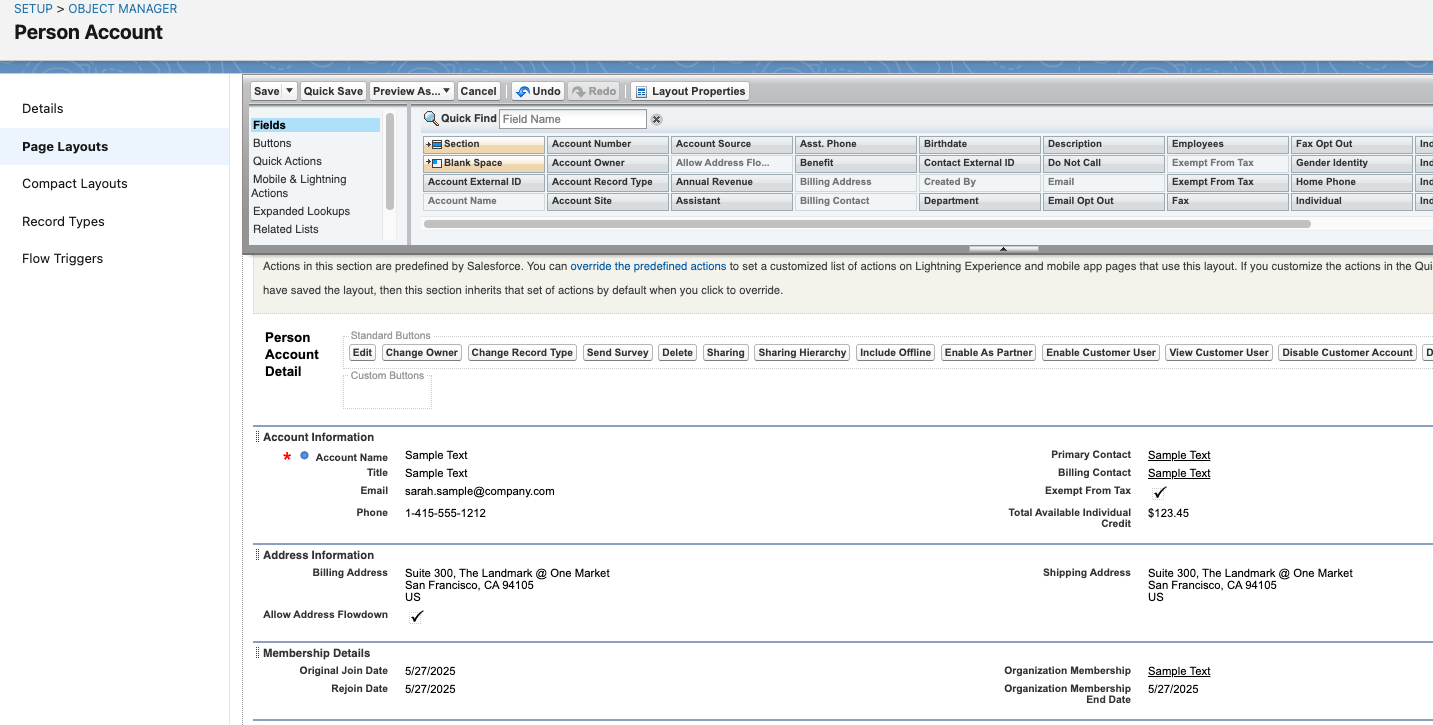 Mobile and Lightning Actions section showing Create Order, Enable Customer User, and Log in as Experience User actions added.