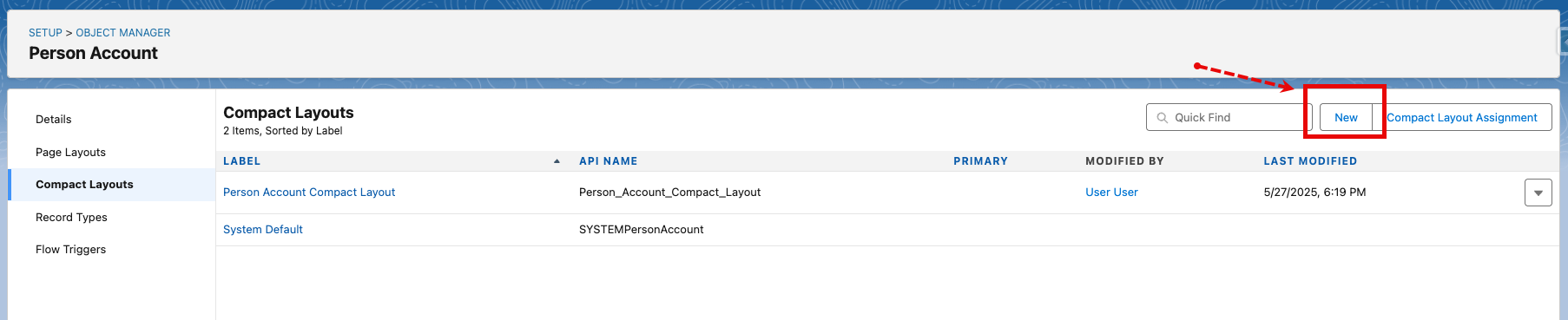 New Compact Layout form for Person Account with Account Name, Email, Title, Phone, and Billing Address selected.
