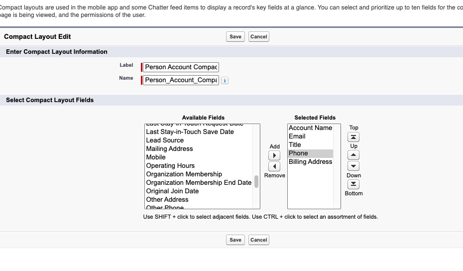 Saved Person Account Compact Layout showing its selected display fields.