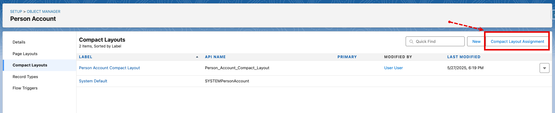 Compact Layout Assignment screen for the Person Account object.