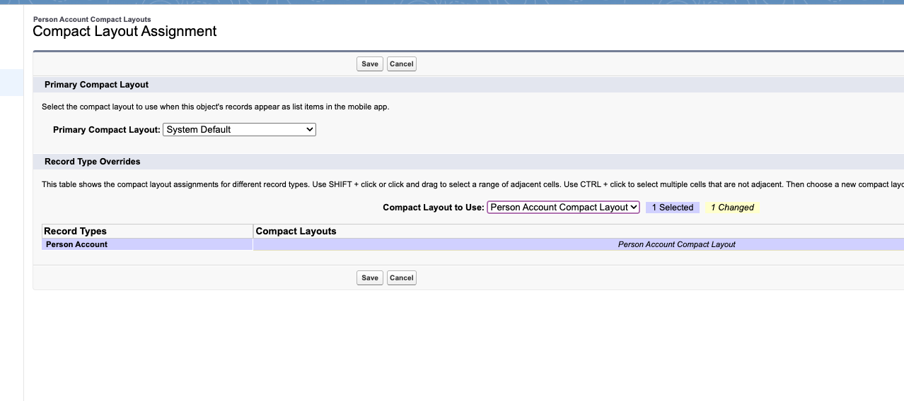 Primary Compact Layout dropdown set to Person Account Compact Layout.