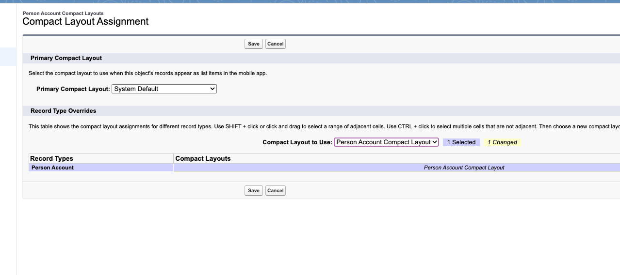 Primary Compact Layout dropdown set to Person Account Compact Layout.