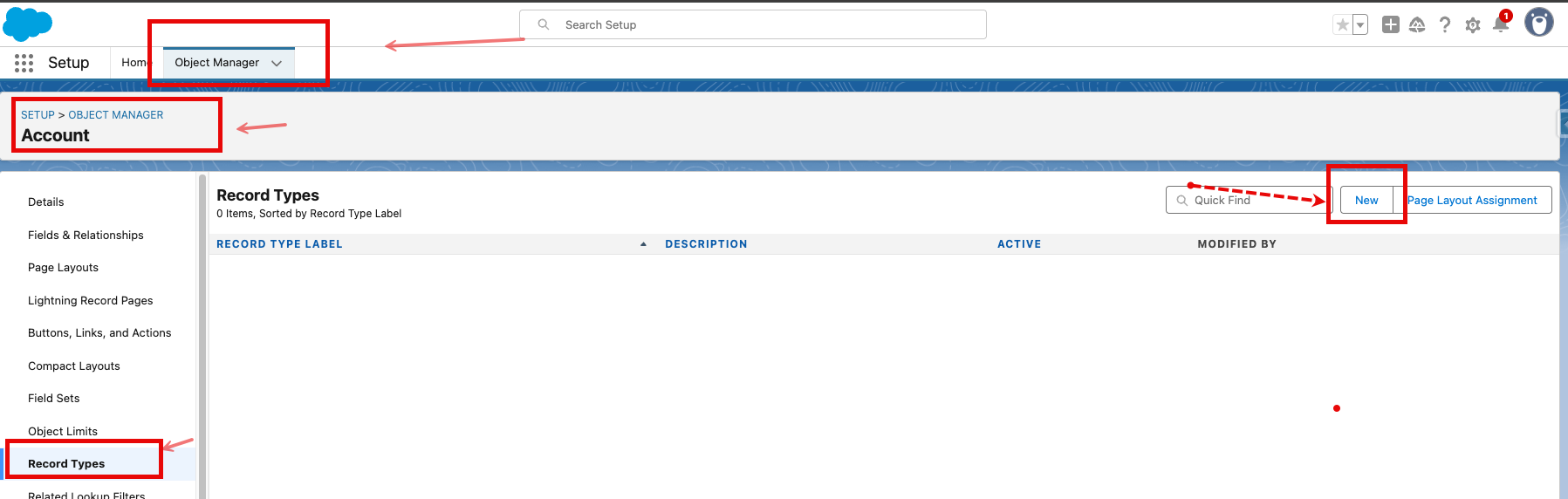 Record Types list on the Account object with the New button.