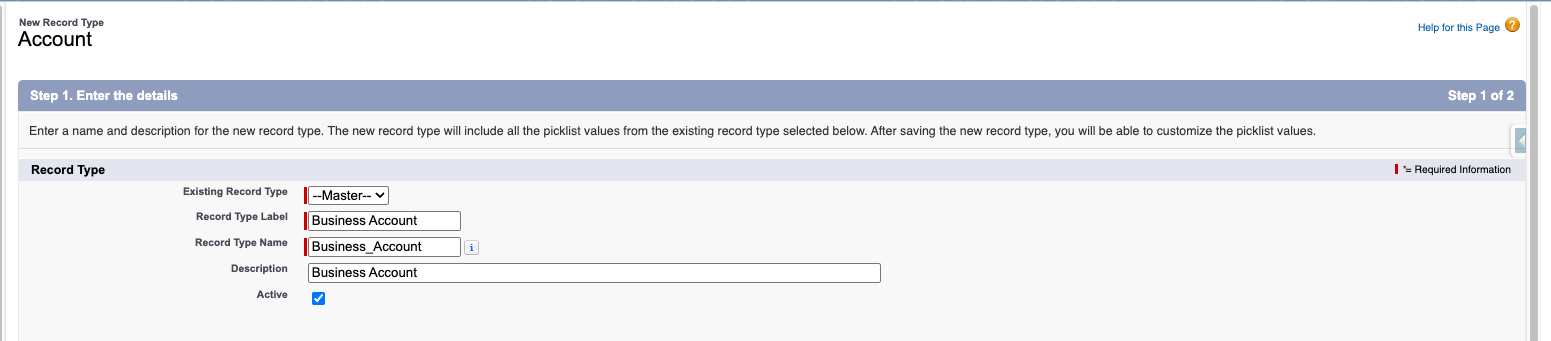 New Account record type form showing the label and the Active checkbox checked.