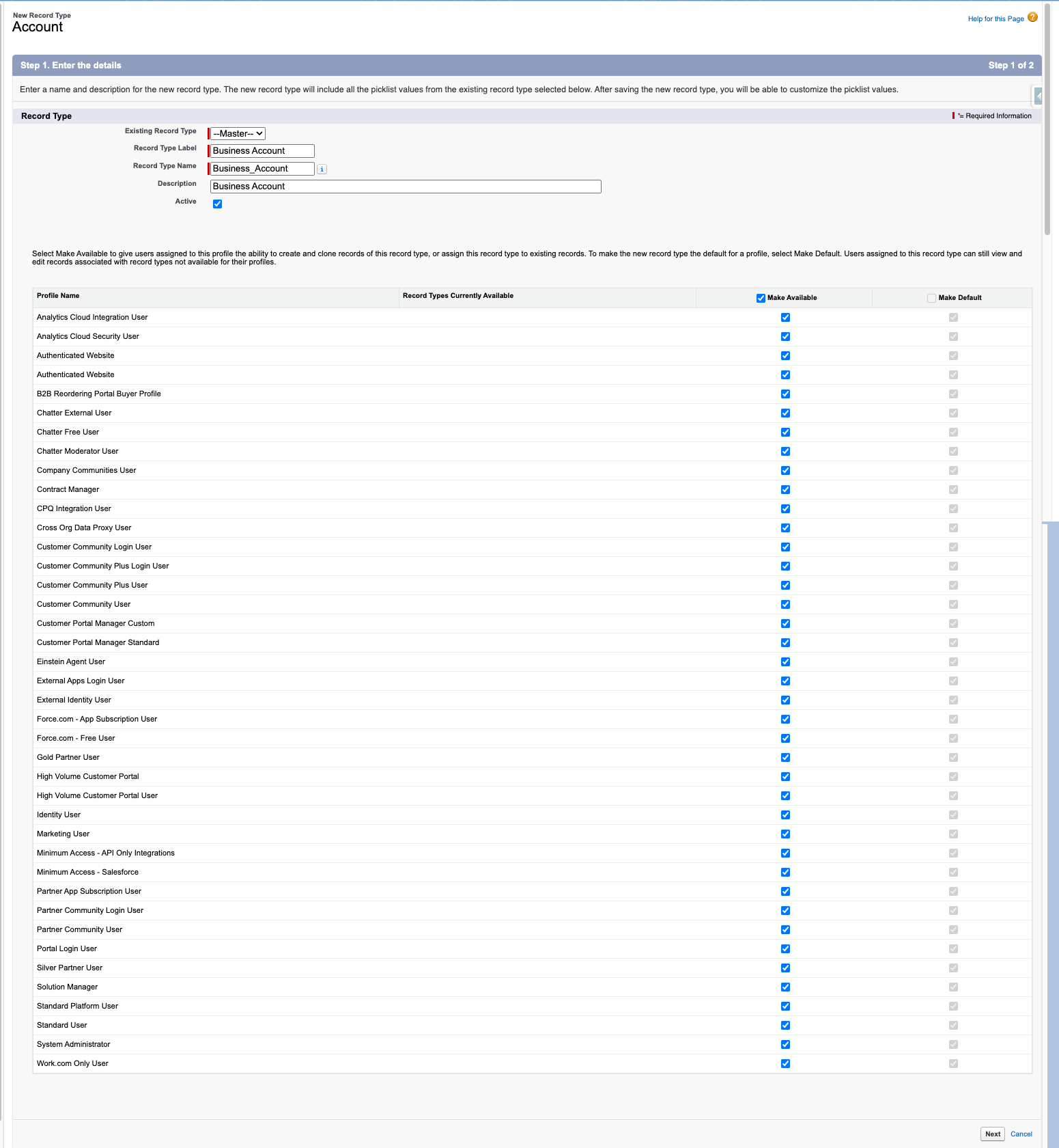 Profile list with Make Available checked and the FC Account Layout page layout assigned.