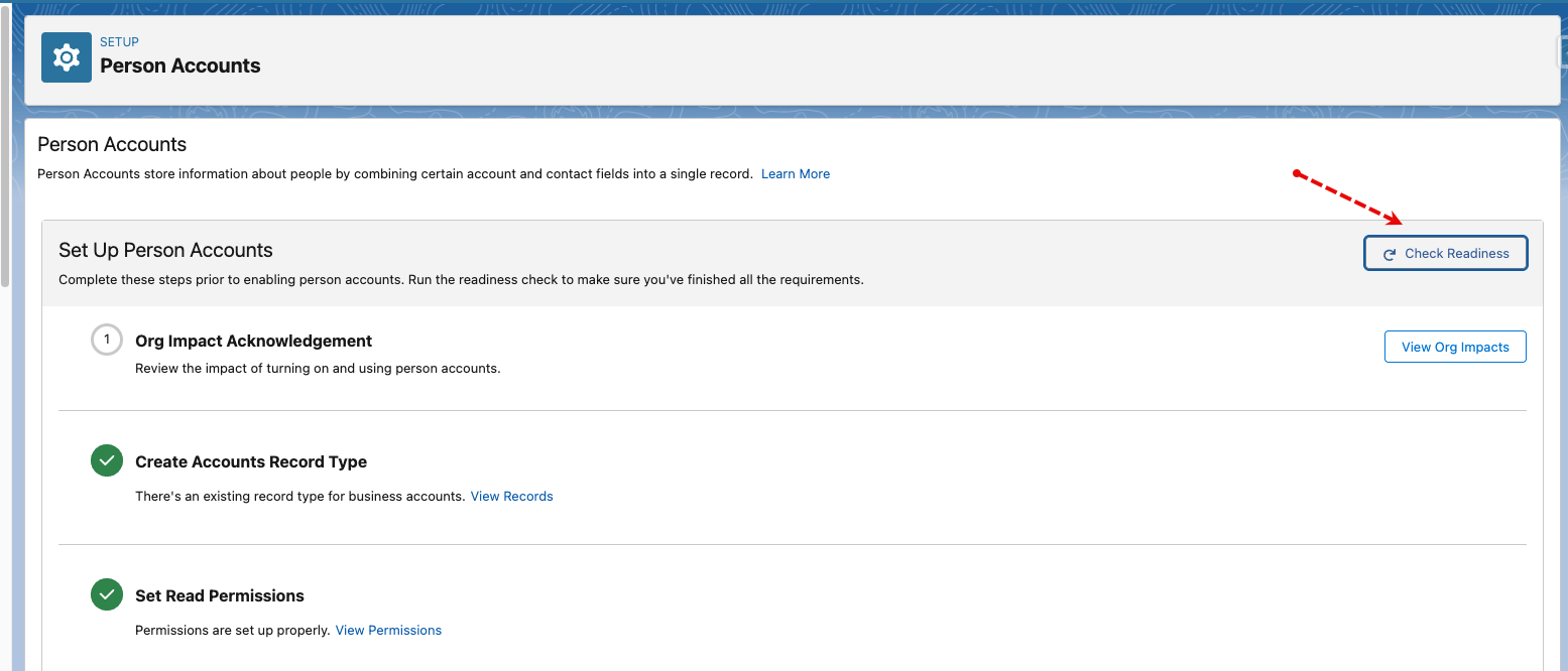 Person Accounts setup page showing the Check Readiness button.