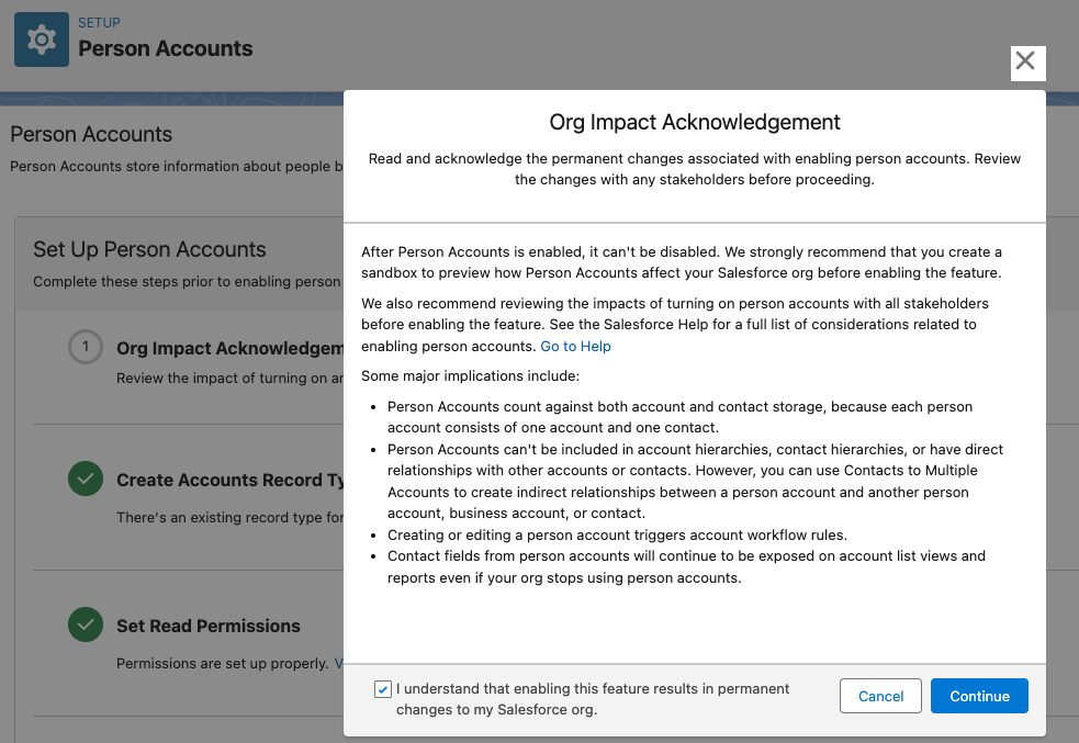 Acknowledgment checkbox confirming permanent changes, next to the Continue button.