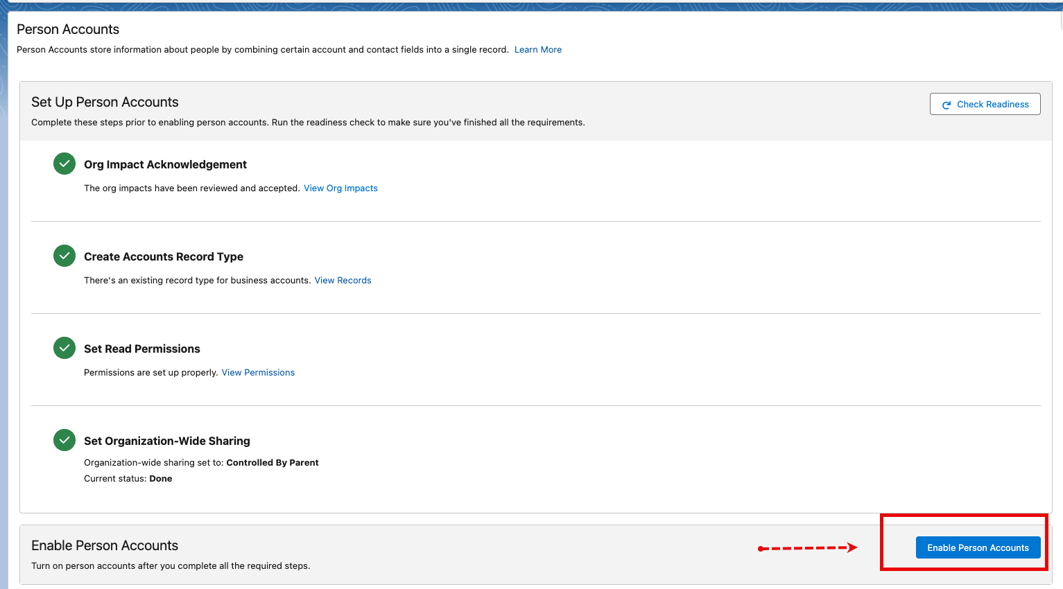 Confirmation popup with the Enable Person Accounts button.