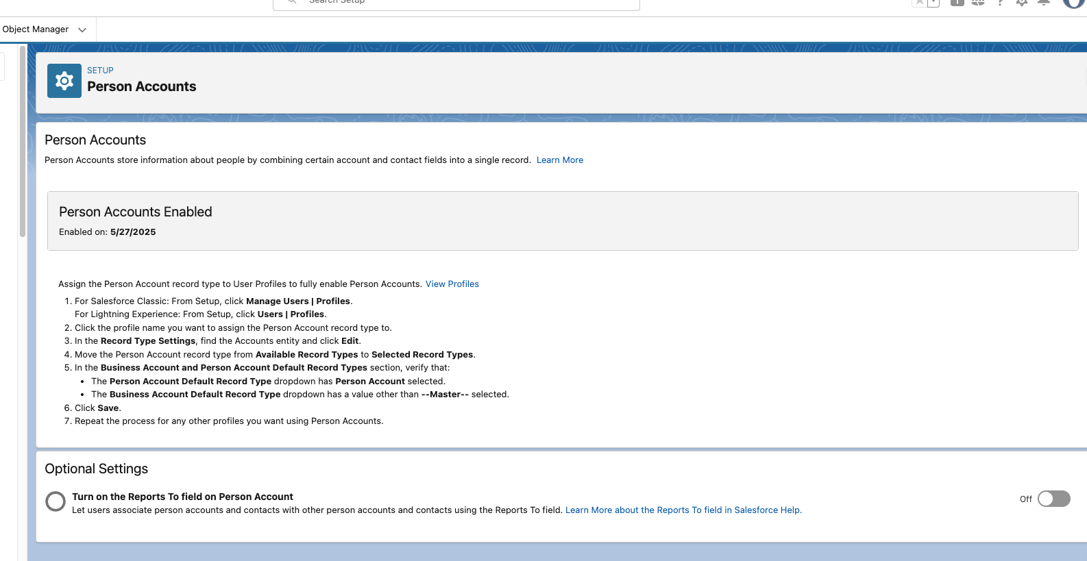 Person Accounts setup page confirming Person Accounts are enabled.