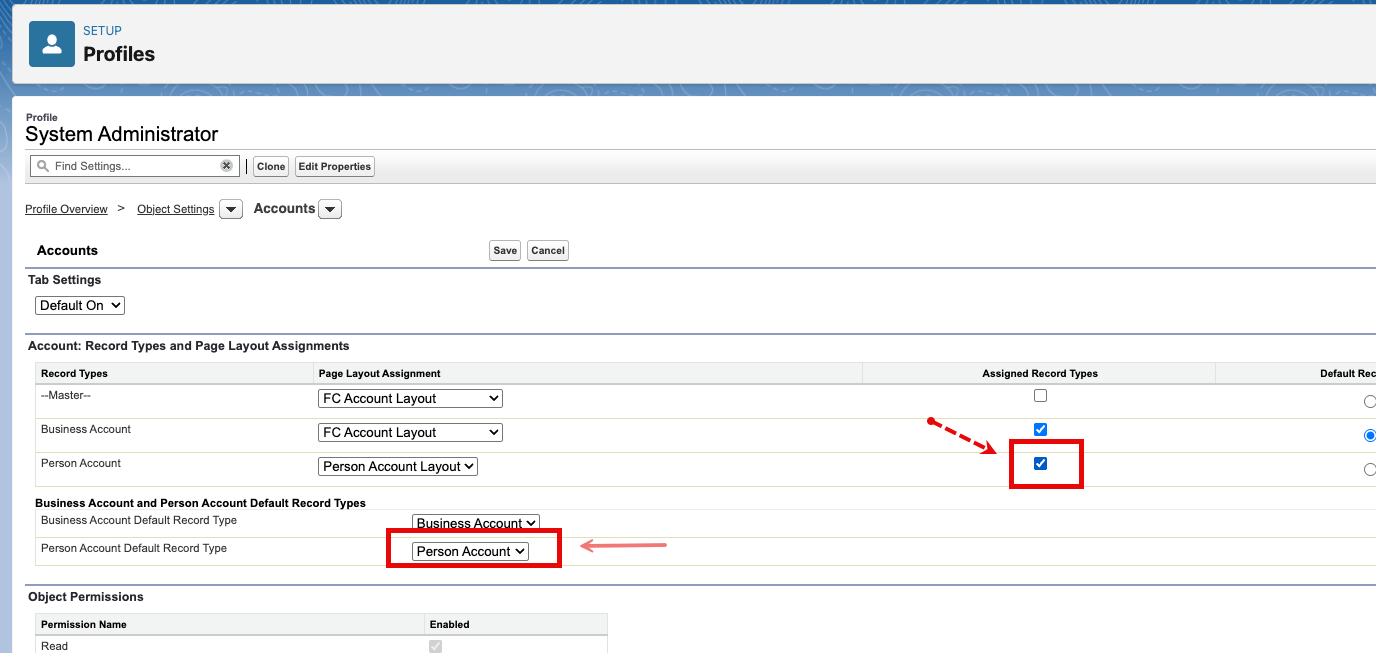 Person Account in the Selected Record Types list with the default set.