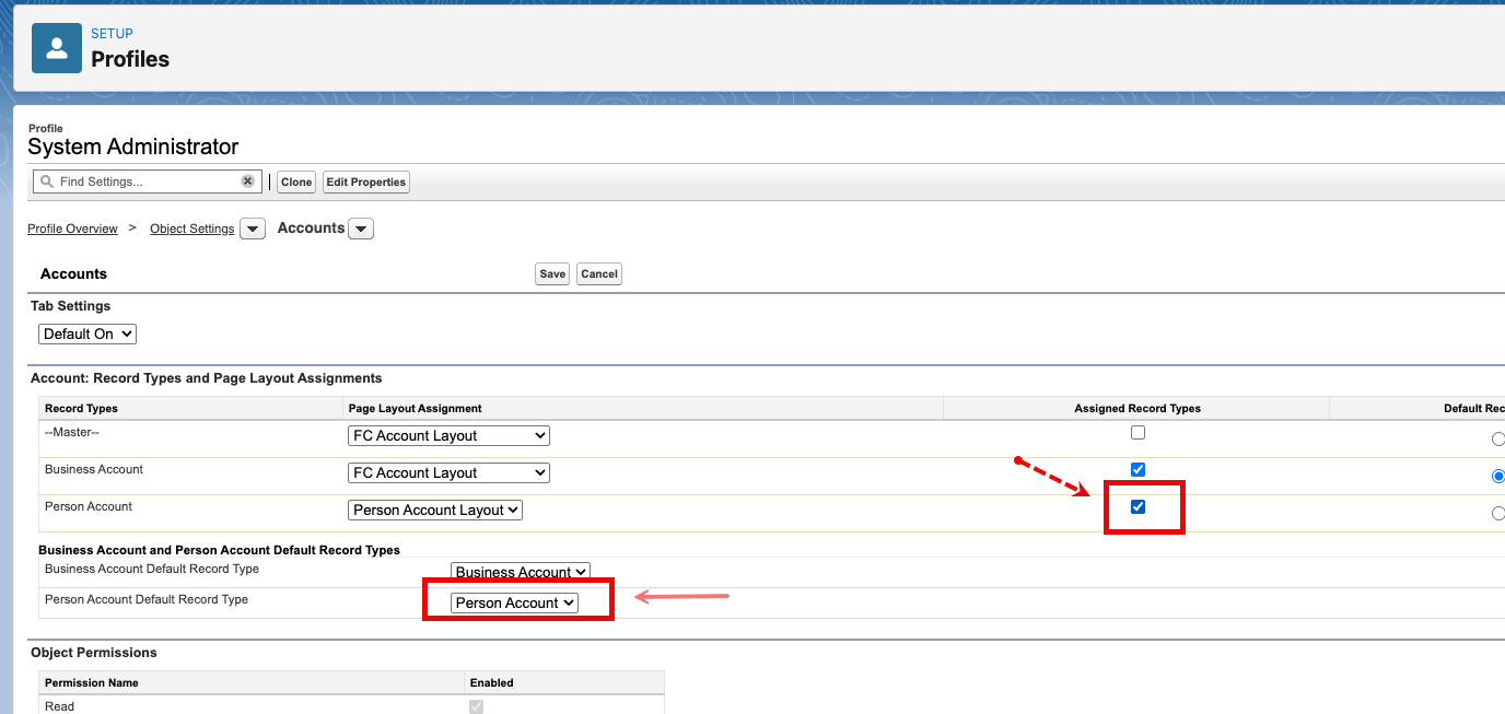 Person Account in the Selected Record Types list with the default set.