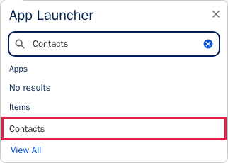 The App Launcher search box with Contacts entered