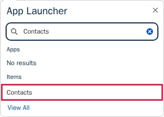 The App Launcher search box with Contacts entered