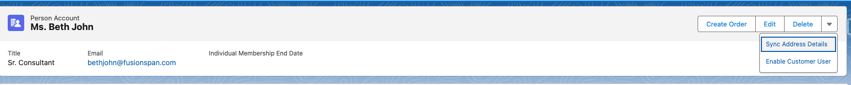 Top of a Person Account record page with the actions dropdown arrow next to the Edit button.